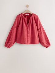 Red Button Down Long Sleeve Doublecloth Blouse - Image 1 of 3