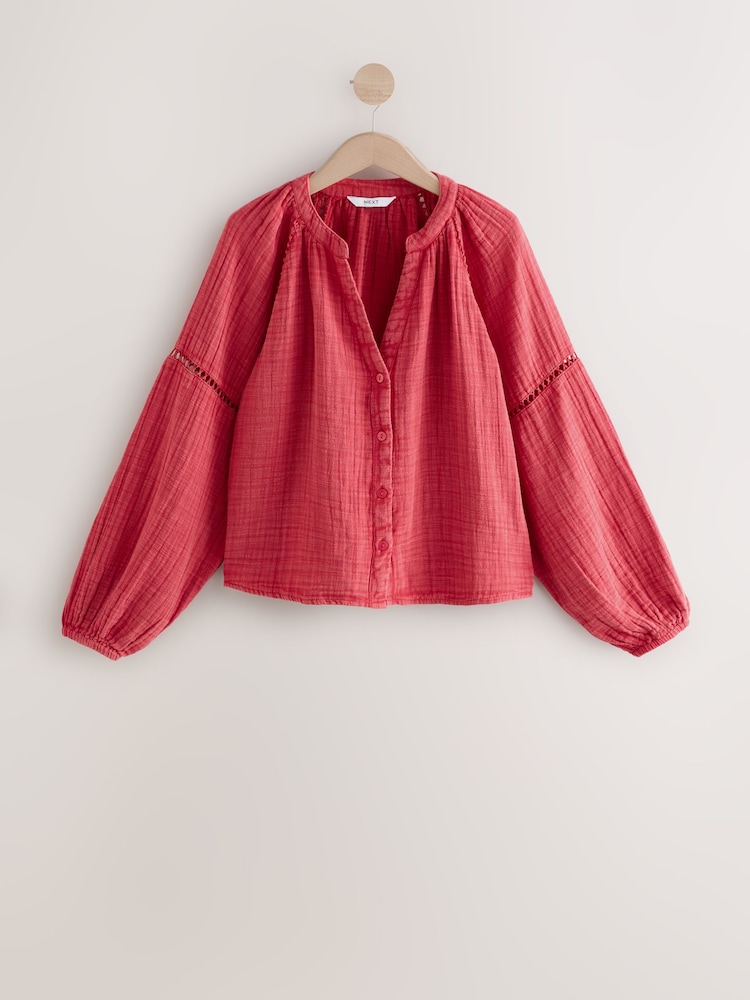 Red Button Down Long Sleeve Doublecloth Blouse - Image 1 of 3