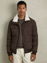 Reiss Brown Misty Faux-Fur Collar Puffer Jacket - Image 1 of 7