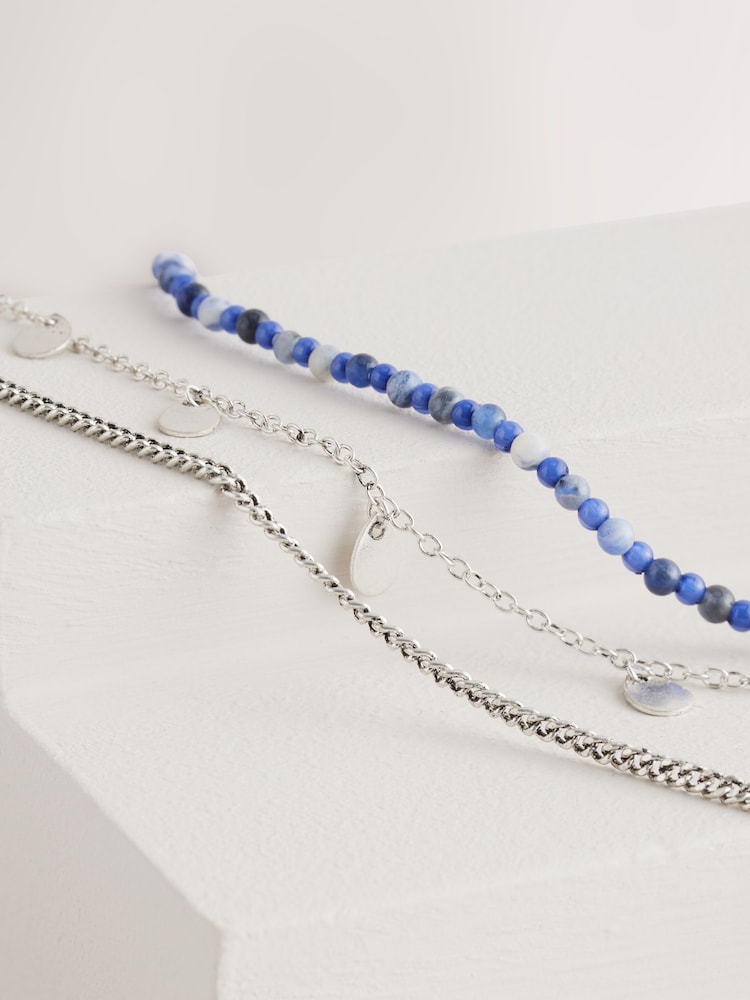 Blue/Silver Tone Beaded 3 Layer Necklace - Image 2 of 4