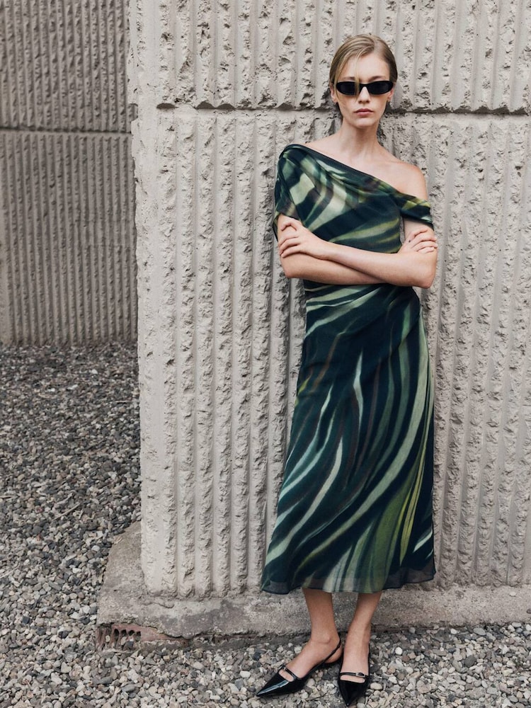 Mango Black Printed One Shoulder Midi Dress With Draping - Image 1 of 7 Mango Black Printed One Shoulder Midi Dress With Draping - Image 1 of 7