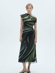 Mango Black Printed One Shoulder Midi Dress With Draping - Image 2 of 7