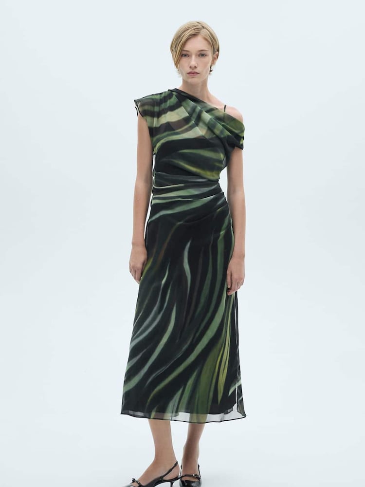 Mango Black Printed One Shoulder Midi Dress With Draping - Image 2 of 7 Mango Black Printed One Shoulder Midi Dress With Draping - Image 2 of 7