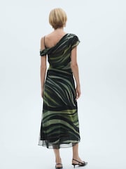 Mango Black Printed One Shoulder Midi Dress With Draping - Image 3 of 7
