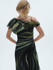 Mango Black Printed One Shoulder Midi Dress With Draping - Image 4 of 7