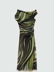 Mango Black Printed One Shoulder Midi Dress With Draping - Image 6 of 7