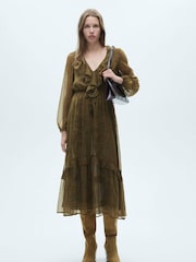Mango Green Paisely Ruffle Detail Midi Dress - Image 1 of 7