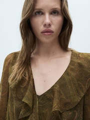 Mango Green Paisely Ruffle Detail Midi Dress - Image 4 of 7