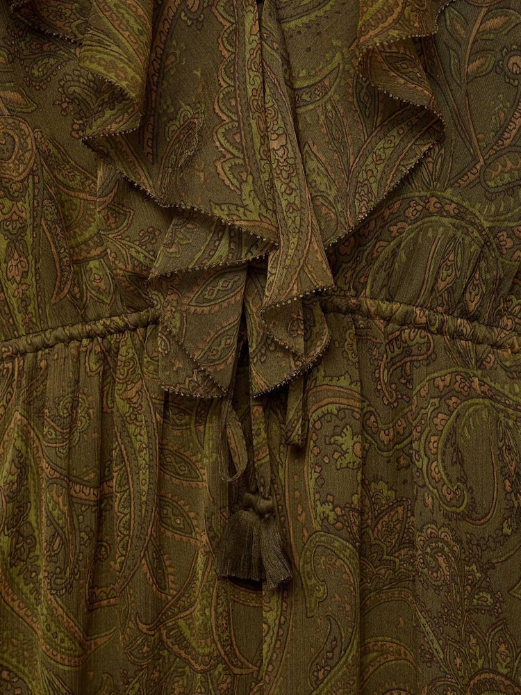 Mango Green Paisely Ruffle Detail Midi Dress - Image 7 of 7