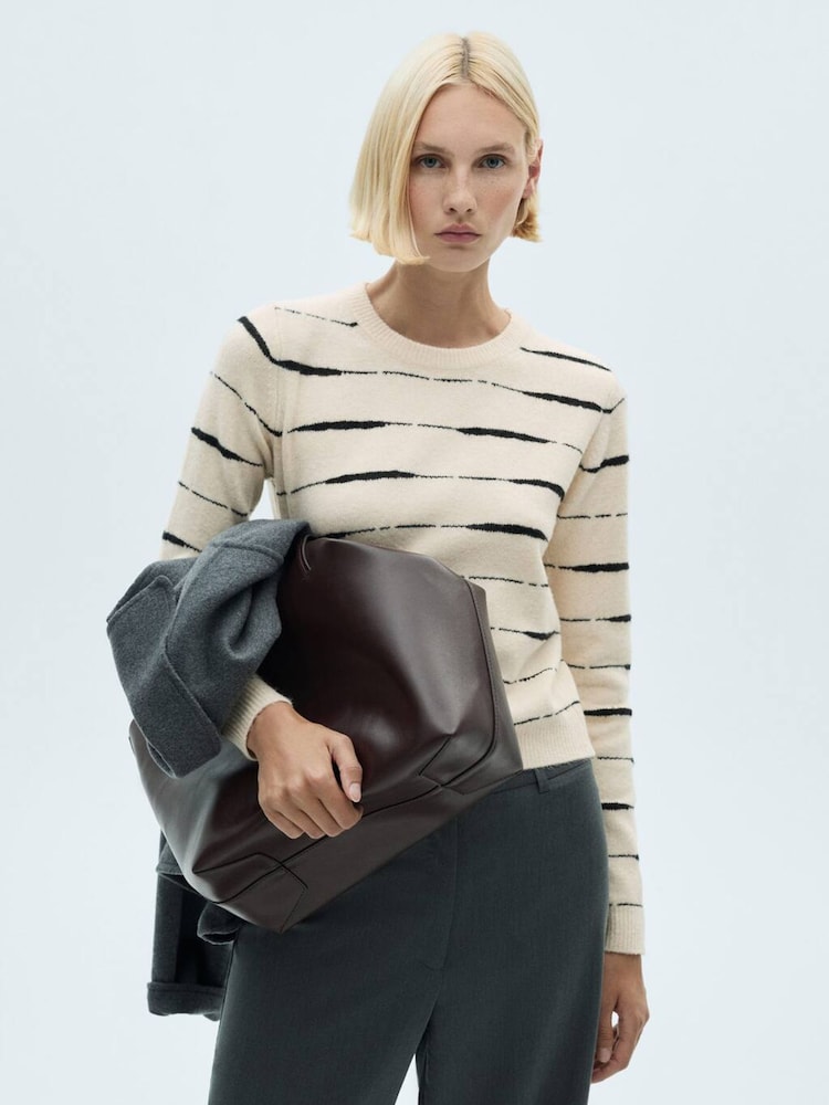Mango Cream Round-Neck Striped 100% Cotton Sweater - Image 1 of 7 Mango Cream Round-Neck Striped 100% Cotton Sweater - Image 1 of 7