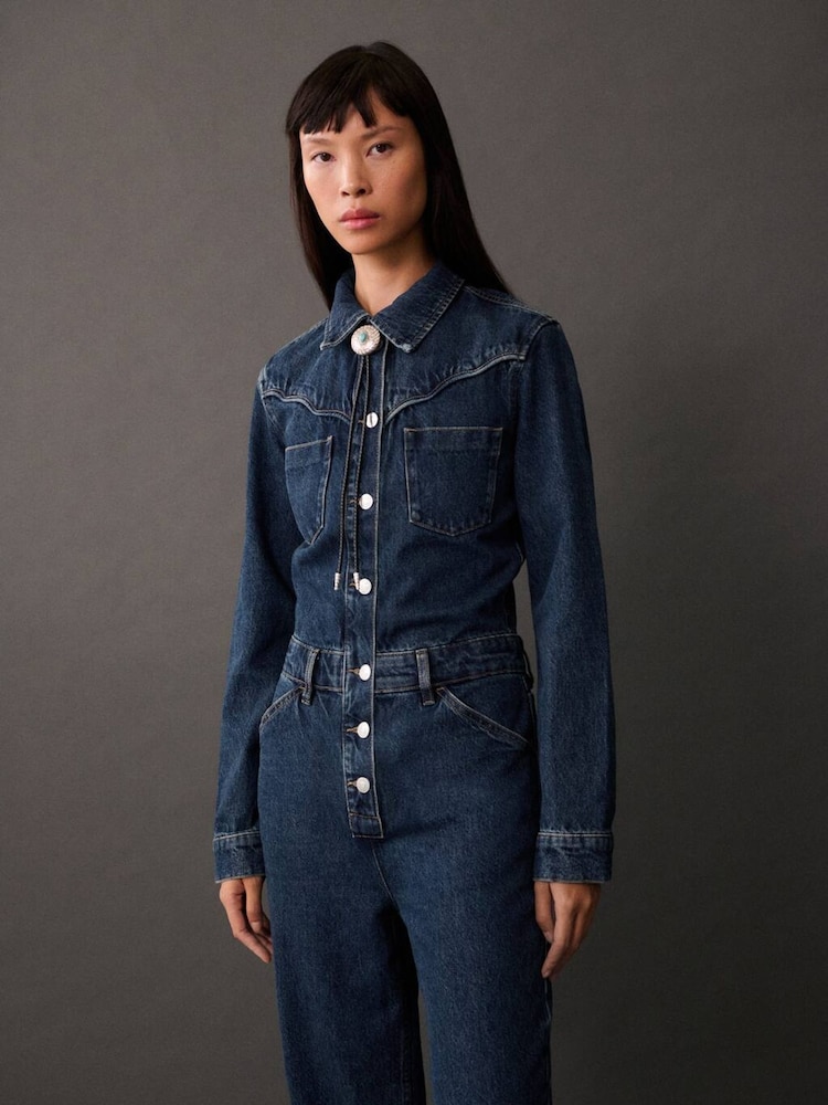 Mango Blue Denim Wide Leg 100% Cotton Jumpsuit - Image 1 of 7