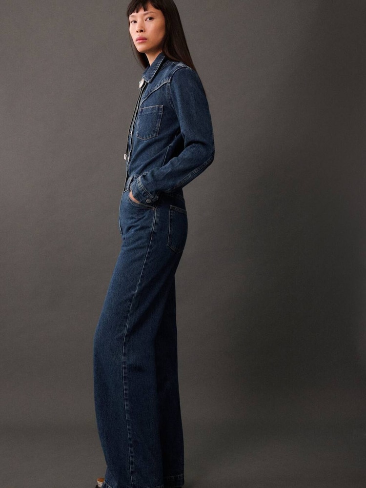 Mango Blue Denim Wide Leg 100% Cotton Jumpsuit - Image 2 of 7