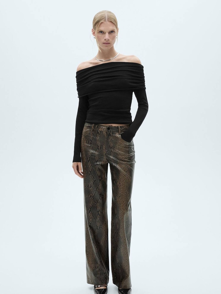 Mango Brown Straight Snakeskin-Effect Trousers - Image 1 of 7 Mango Brown Straight Snakeskin-Effect Trousers - Image 1 of 7