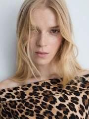 Mango Animal Leopard Print Off Shoulder Mini Dress - Image 4 of 6