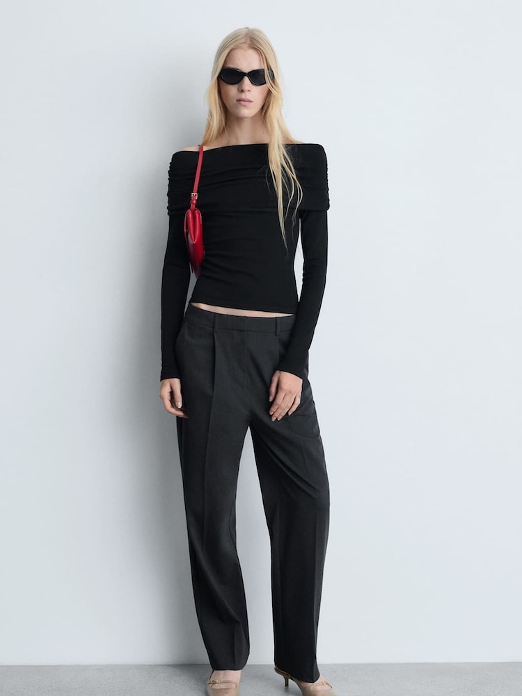 Mango Black Bardot Off Shoulder Long Sleeve Top - Image 1 of 6