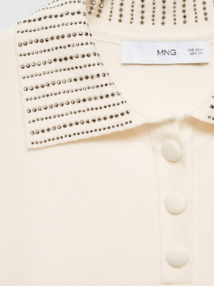 Mango Cream Knitted Polo Shirt With Rhinestone Collar - Image 6 of 6