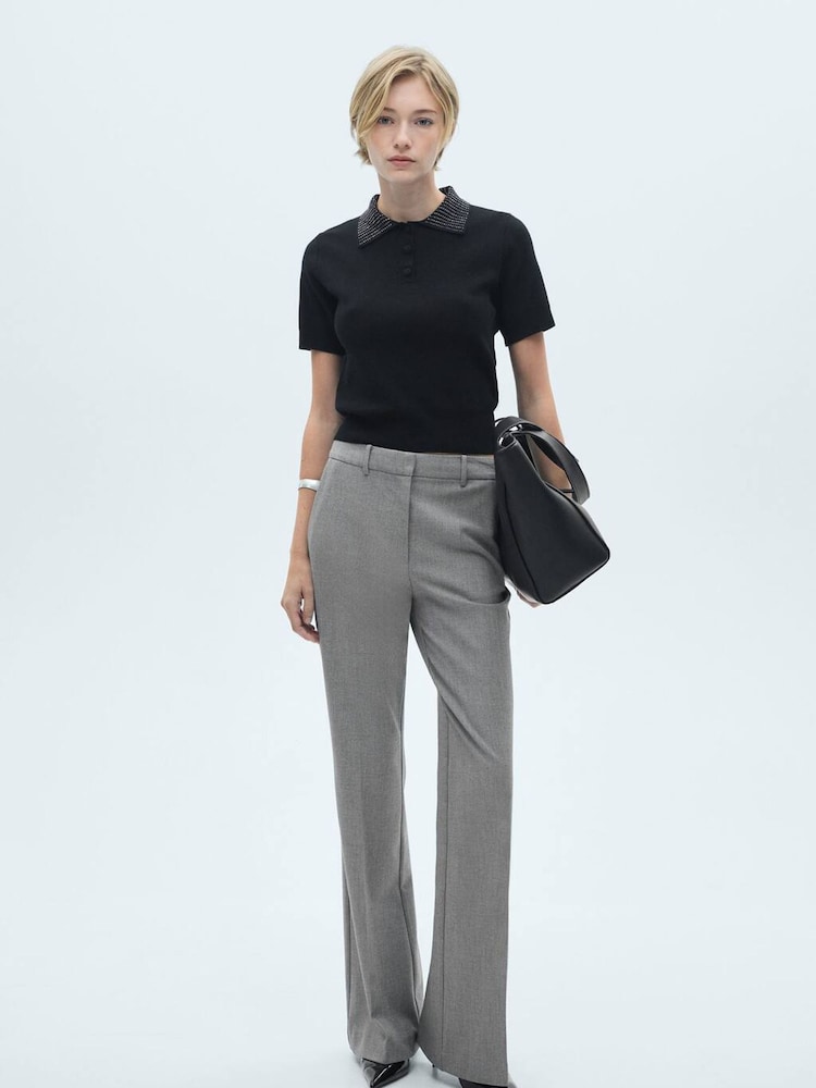Mango Black Rhinestone Collar Knitted Polo Shirt - Image 1 of 6