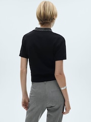 Mango Black Rhinestone Collar Knitted Polo Shirt - Image 2 of 6