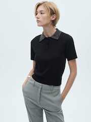 Mango Black Rhinestone Collar Knitted Polo Shirt - Image 3 of 6