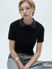 Mango Black Rhinestone Collar Knitted Polo Shirt - Image 4 of 6