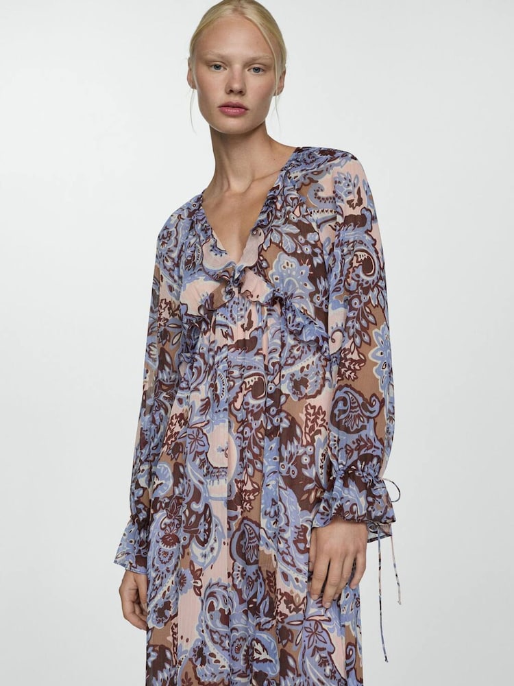Mango Blue Paisley Midi Dress With Ruffles - Image 2 of 7