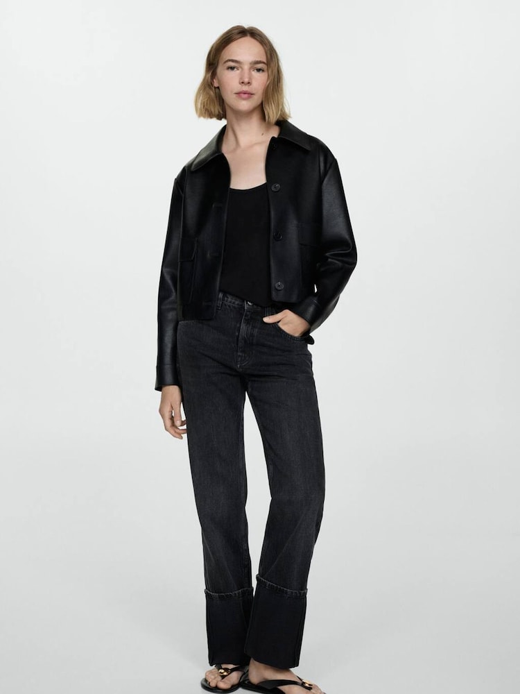 Mango Black Alison Straight-Fit Turn-Up 100% Cotton Jeans - Image 1 of 7 Mango Black Alison Straight-Fit Turn-Up 100% Cotton Jeans - Image 1 of 7