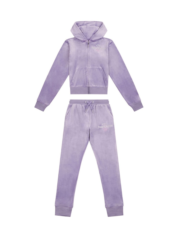 Purple Marl - Juicy Couture Girls Diamante Hoodie & Slim Tracksuit Set - Image 5 of 9