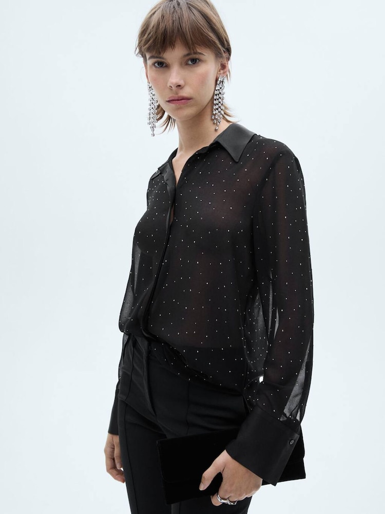 Mango Black Sheer Studded Embellished Shirt - Image 1 of 6