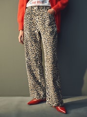 Mango Brown Leopard Print Wide Leg 100% Cotton Jeans - Image 1 of 8