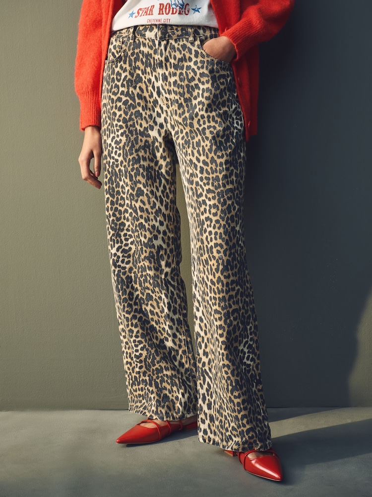 Mango Brown Leopard Print Wide Leg 100% Cotton Jeans - Image 1 of 8