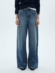Mango Blue Wide Leg 100% Cotton Jeans With Pockets - Image 1 of 6