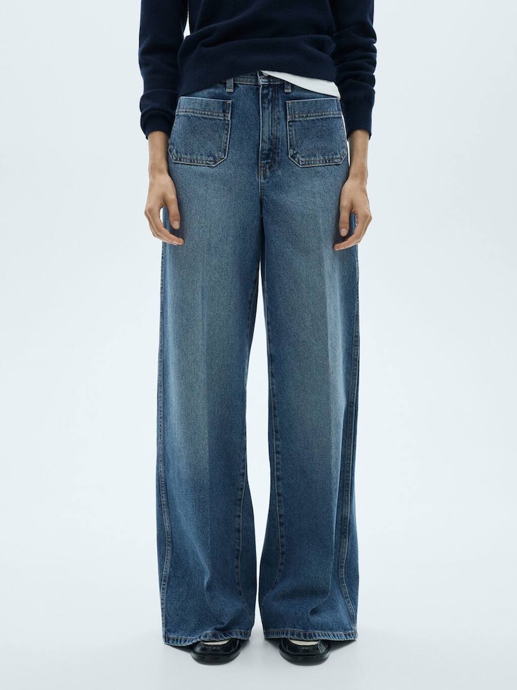 Mango Blue Wide Leg 100% Cotton Jeans With Pockets - Image 1 of 6