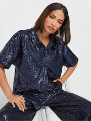 PixieGirl Petite Blue Short Sleeve Sequin Shirt - Image 1 of 5