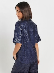 PixieGirl Petite Blue Short Sleeve Sequin Shirt - Image 3 of 5