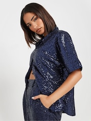 PixieGirl Petite Blue Short Sleeve Sequin Shirt - Image 4 of 5