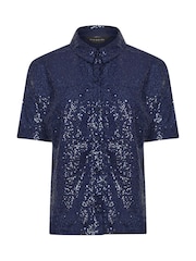 PixieGirl Petite Blue Short Sleeve Sequin Shirt - Image 5 of 5