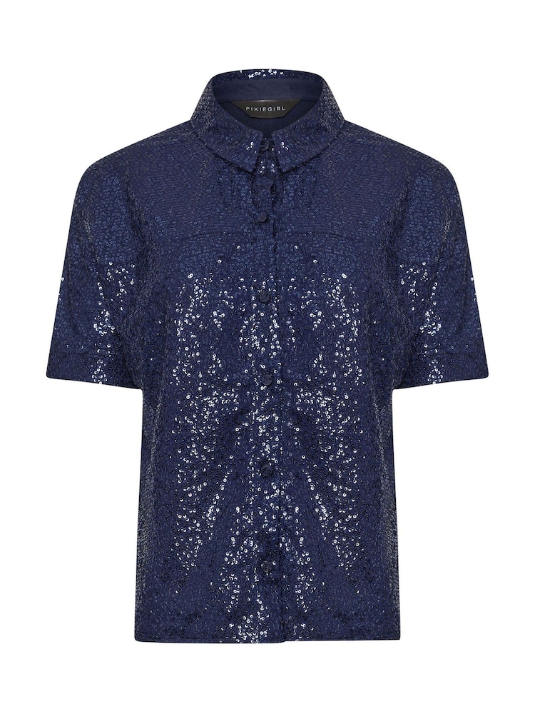 PixieGirl Petite Blue Short Sleeve Sequin Shirt - Image 5 of 5