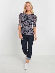 M&Co Blue Petite Mesh Ruched Sleeve Top - Image 2 of 5
