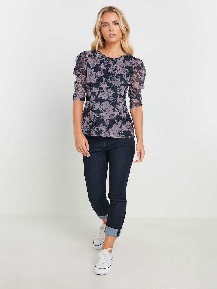M&Co Blue Petite Mesh Ruched Sleeve Top - Image 2 of 5