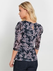M&Co Blue Petite Mesh Ruched Sleeve Top - Image 3 of 5
