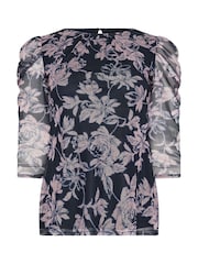 M&Co Blue Petite Mesh Ruched Sleeve Top - Image 5 of 5