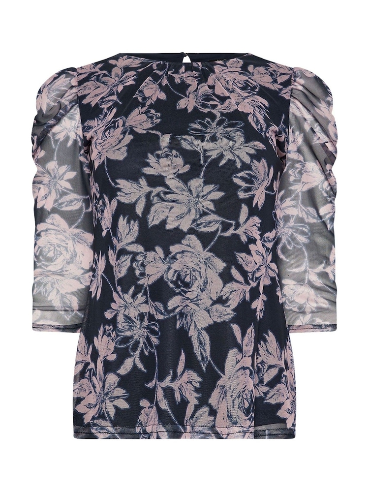 M&Co Blue Petite Mesh Ruched Sleeve Top - Image 5 of 5