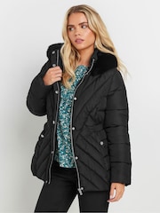M&Co Black Petite Quilted Faux Fur Hooded Coat - Image 1 of 5