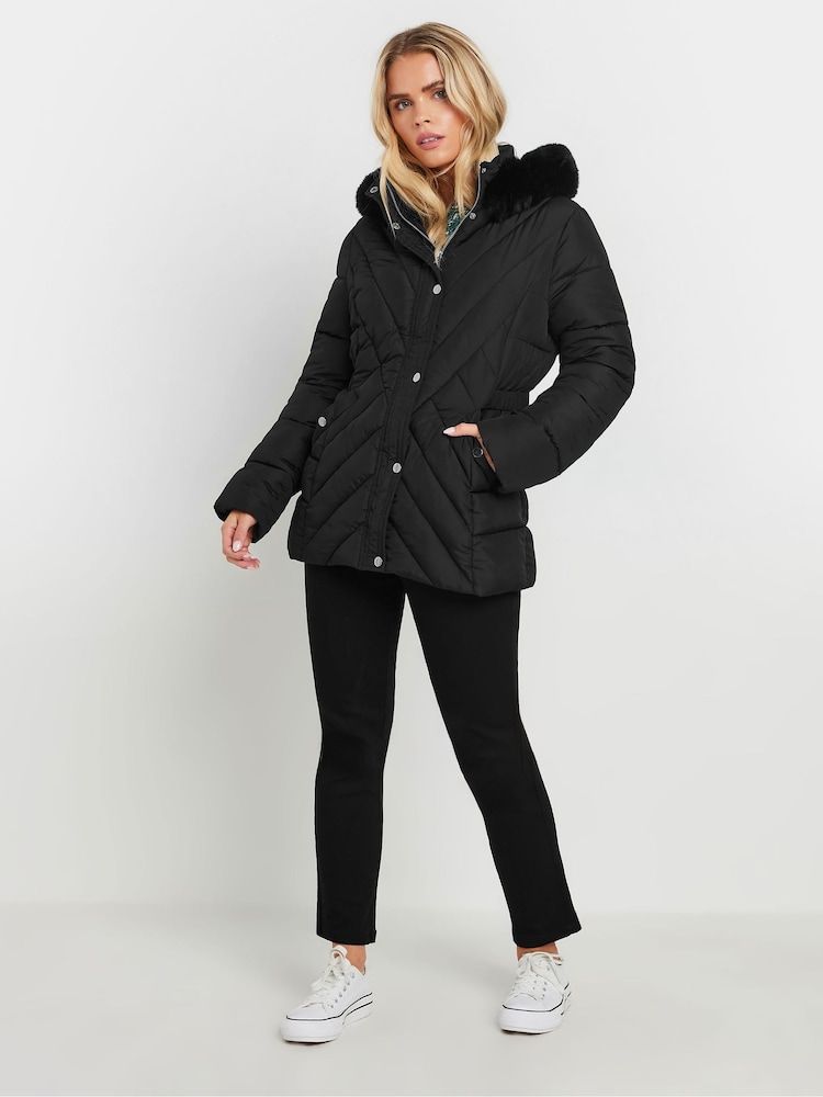 M&Co Black Petite Quilted Faux Fur Hooded Coat - Image 2 of 5