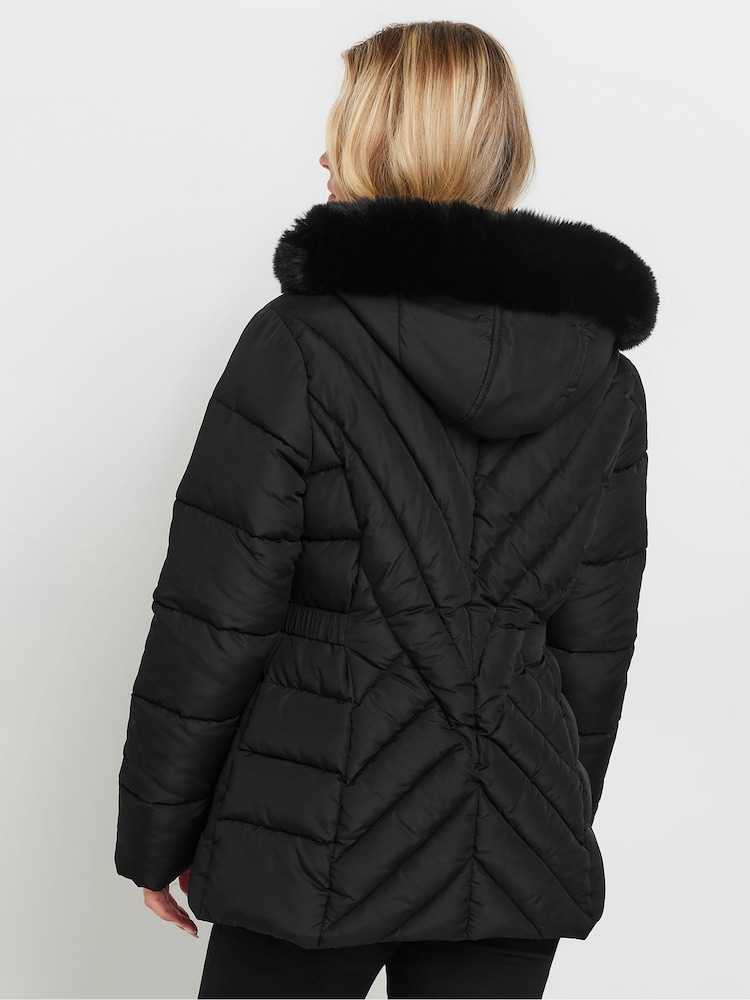 M&Co Black Petite Quilted Faux Fur Hooded Coat - Image 3 of 5