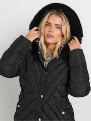 M&Co Black Petite Quilted Faux Fur Hooded Coat - Image 4 of 5