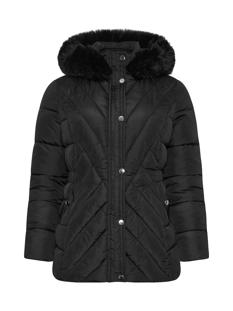 M&Co Black Petite Quilted Faux Fur Hooded Coat - Image 5 of 5