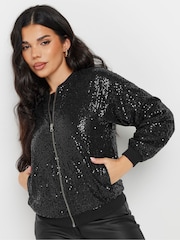 PixieGirl Petite Black Sequin Bomber Jacket - Image 1 of 4