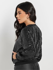 PixieGirl Petite Black Sequin Bomber Jacket - Image 2 of 4