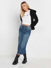 PixieGirl Petite Blue 100% Cotton Panel Midi Denim Skirt - Image 1 of 5